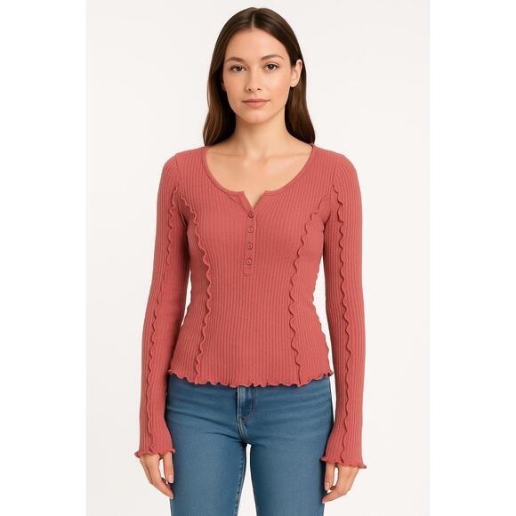 Love Tree Sweaters - Love Tree Sweater Womens Size Medium Pink Henley Ribbed RuffledEdgesFeminineChic